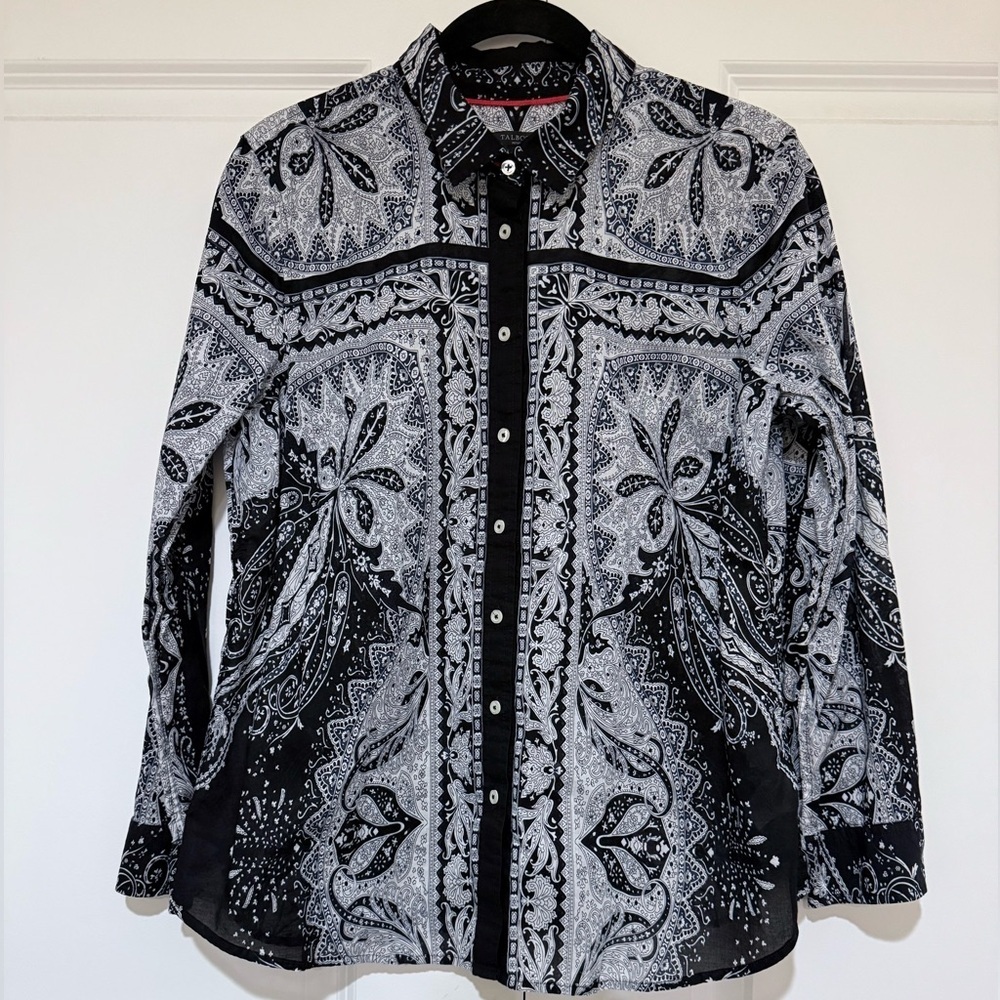Talbots Black and White Paisley Blouse 💯% cotton lightweight